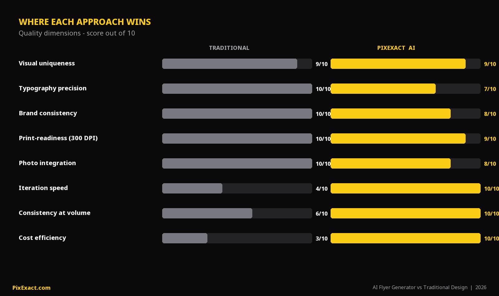 Side-by-side quality scoring across the dimensions that matter for flyers